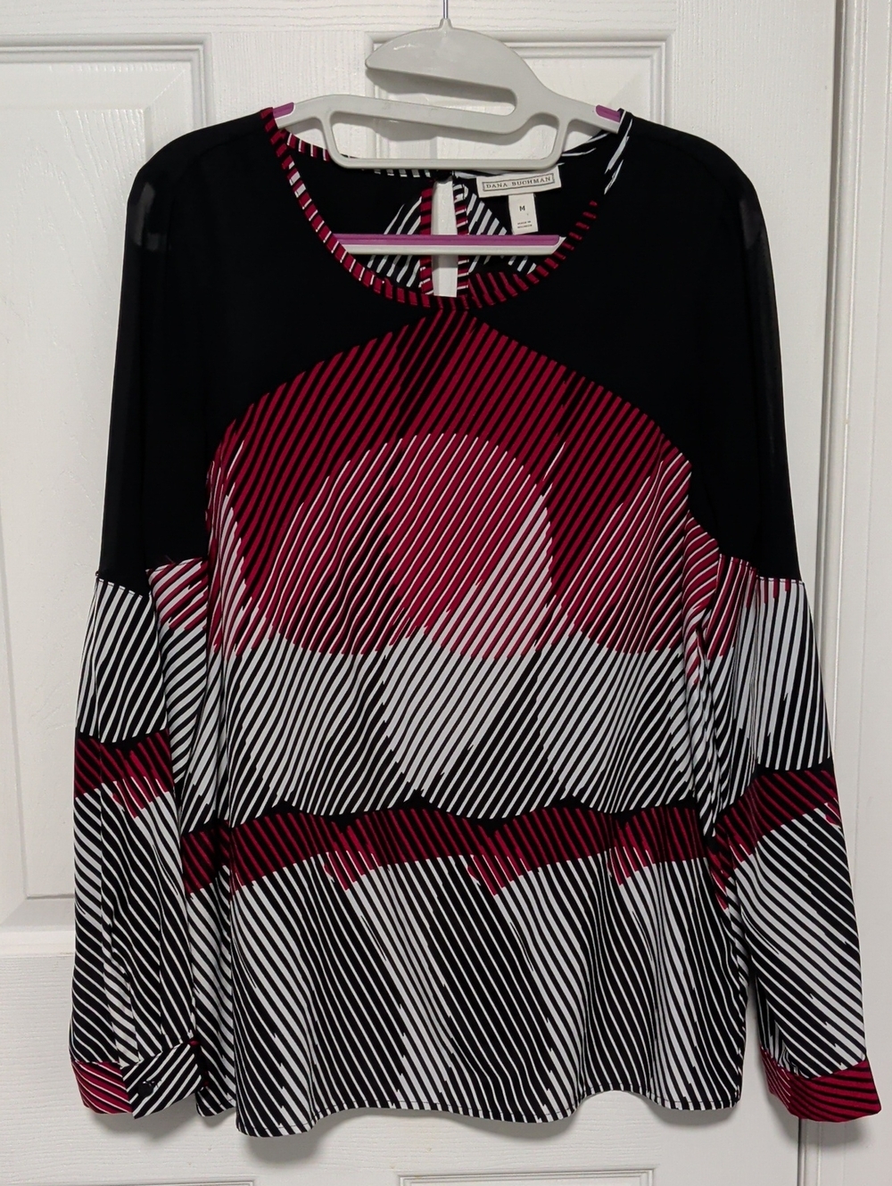 Dana Buchman Black, Burgundy & White Striped Long-Sleeve Top